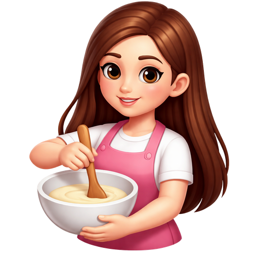 A pretty woman with long brown, straight hair that wears an apron. The woman is holding a bowl, stirring with a spoon