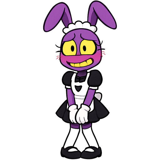 A purple tall lanky bunny with a big grin with yellow teeth he lacks a nose and he has yellow sclera big eyes with black square pupils with a sharp black eyeliner with a white maid headband and a black and white maid dress with an apron and a short skirt with white gloves with a heart cut out near his chest and white long stockings with black lines on the top and black Mary-Janes shoes with black bow ties on it with an embarrassed expression on his face as he blushes hiding his skirt