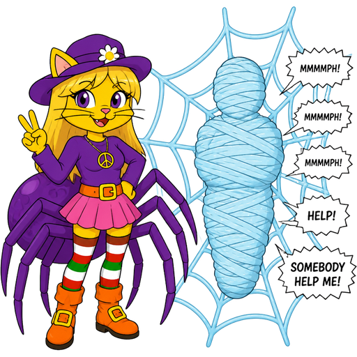 Yellow cat anthro with purple eyes long blonde hair whiskers purple hat with white flower peace sign necklace purple long sleeved shirt orange belt with a yellow buckle pink skirt long red white green socks orange boots with yellow buckles drider hybrid next to thick completely fully light cyan spider web mummified boy shaped cocoon covered with thick layers non-transparent light cyan slik wrappings and light cyan slik wrappings boy shaped cocoon covered with thick layers non-transparent light cyan slik wrappings muffled screams mmmmph! mmmph! mmmph! help! somebody help me!