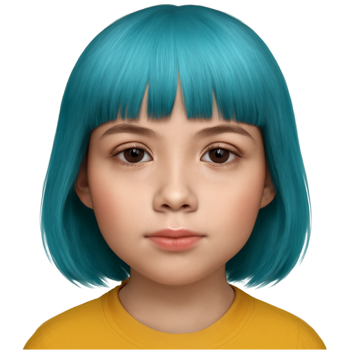 Uma menina branca com cabelo médio, e franja até a sobrancelha de cabelo azul ciano, e sobrancelha fina e reta, realista