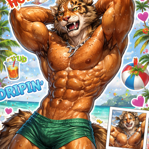 Very Hot, Handsome Attractive Sabertooth Bara furry Buff Beach Hunk. Dripping with Sweat stretching with his hands behind his head.
