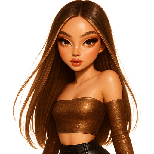 luxury glossy bratz-anime romantic aesthetic, warm cinematic glow, crisp clean detail, glossy glam skin. petite girl, warm soft-autumn tone, fair skin, honey-brown almond eyes, soft freckles, warm toasty glam makeup, glossy nude lips, flutter lashes, sweet Belle-princess vibe, long brunette honey balayage hair with visible light honey blonde highlights, mocha-toned shimmer crop with metallic sheen, leather pants; pin-straight hair; highlighter pop; warm smoky eyes; leaning pose, fierce gaze, pop-princess energy, shimmer highlight, sparkly glow