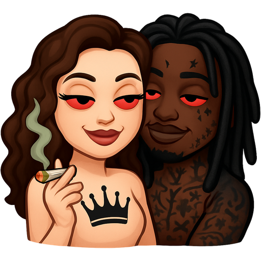 White girl huge crown tattoo on chest with long curly brown hair with red low eyes with eyelashes long nails smoking weed smirking with big lips hugged up on black emoji with dreadlocks tattoos on face and body red eyes smirking
