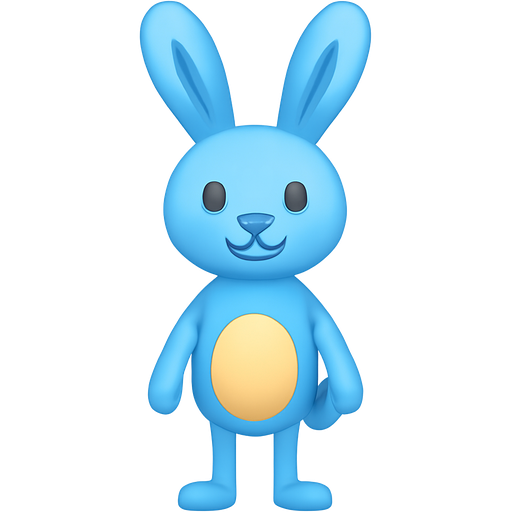 A light blue bunny has no whiskers that stands on skinny legs and has a skinny body and skinny arms and has huge ears that stand on top of his head and tiny bushy tail that is light blue and has a round belly that is yellow and is toward the bottom of the stomach