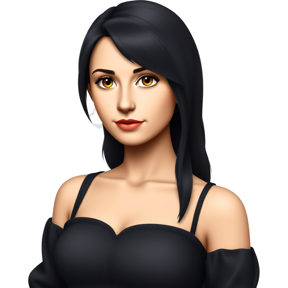 menina de franja na testa e cabelo cacheado preto, pele branca, com delineado nos olhos, batom vinho, mostrando um pouco o corpo, com um vestido preto estilo gótico