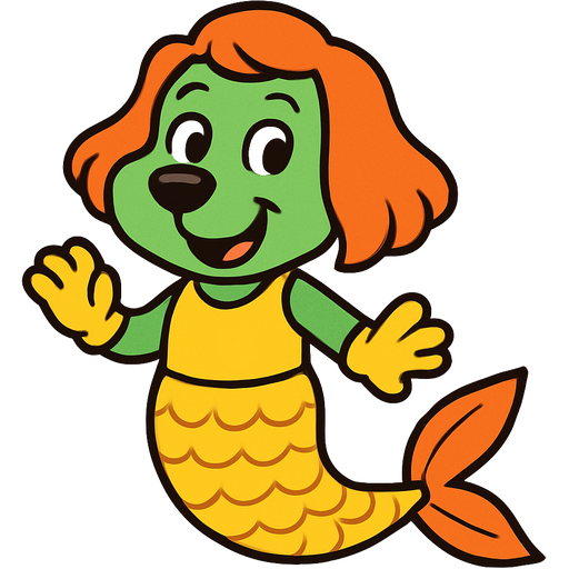 green dog with orange hair yellow gloves with orange fins yellow dress attached to yellow mermaid tail with orange fins