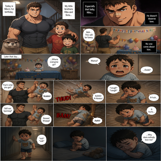 A DETAILED AND LIFELIKE ANIME LONG Comic Book story view of a Bulky but Muscular ANIME Cute Bara Man With Peach toned skin Who looks Normal aind round facial Structure and Basic facial structure With Puffy and Big Pecs that are visible through the shirt and Biceps and Bandaid on his nose and Brown short hair that makes them look tough. Wearing normal With his pet Grown and healthy realistic otter and 2 little brothers that are in different ages but young. At the baby brother‘s birthday party And the baby on his birthday was left home alone with no one at his party and it was a prank from him with no one around to show that the baby isn’t loved And so he picks the little baby brother up at his alone Party by the arm and the baby brother fly’s into to the floor and cries but is to weak and the baby brother sits there coughing and gets up slowly. and he flies again to and hits his table leg, and he limps to bed and cries to sleep