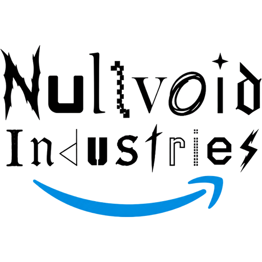 Amazon prime logo but it says “Nullvoid Industries” (Industries goes below Nullvoid), make all letters a different but strange font