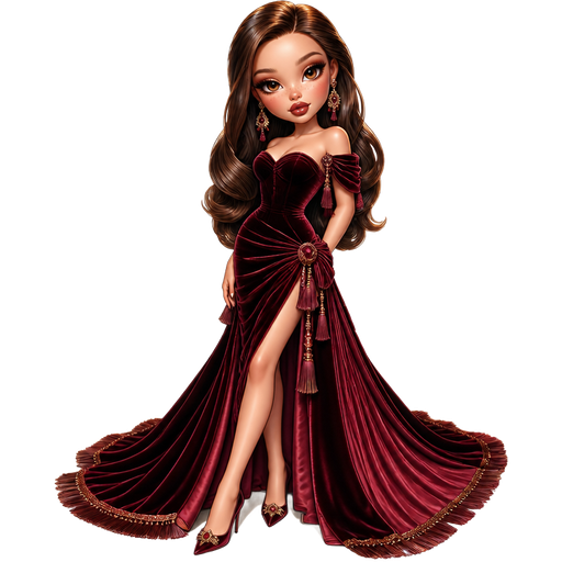 semi-realistic soft cartoon luxury glam, mini plush Bratz-doll aesthetic, cinematic glow, crisp clean detail, glossy glam skin. brown eyed Petite 5ft girl, fair skin with soft freckles, wide face with tall forehead, honey-brown almond wide-set upturned eyes, fluttery lashes, shimmer highlight, plush lips, bottom heavy lip, sweet Belle-princess vibe, long straight brunette hair with visible caramel highlights, wearing a rich burgundy velvet gown with dramatic pleated draping, tassel details and a lined train like a grand stage curtain, statement earrings and pointed heels, hair in an old-Hollywood volume set, makeup with burgundy smoked eyes, rose-bronze cheeks and glossy deep rose lips, posing like the star of a glamorous opera