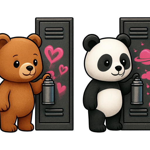 🐻pintando en una taquilla rayajos de corazones con espray(fondo: negro, dibujos: gris y rosa) y al lado 🐼 pintando planetas en una taquilla con esprays(fondo: negro, dibujos: gris y rosa)