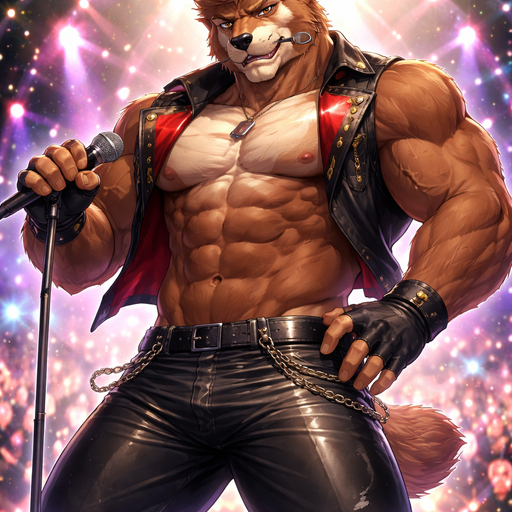 A Full BODY and FACE of a Muscular and Buff with Gigantic Pecs AND biceps. VERY Masculine, handsome, Anime Bara Furry Grizzly Bear with a Very Good-looking and Mature Face and Brown eyes with a wrestler type body and Think Abs. As a Boy banf Member on Stage with a Head Mic