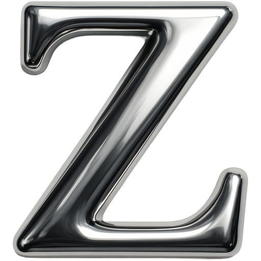 High shine chrome Capital Z in serif font. Strong top left light source, medium pillow inflation, high contrast reflection, soft bevel fully rounded