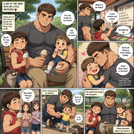A DETAILED AND LIFELIKE LONG Anime Comic Book story view of a Bulky but Muscular ANIME Cute Bara Man With Peach toned skin Who looks Normal aind round facial Structure and Basic facial structure With Puffy and Big Pecs that are visible through the shirt and Biceps and Bandaid on his nose and Brown short hair that makes them look tough. Wearing normal With his pet Grown and healthy realistic otter and 2 little brothers that are in different ages but young. he loves the twin babys and the baby loves him too, but the baby has a problem walking, and get snuggled and kissed a lot the baby’s are so cute and the other is strong and buff and bulky for his age and a Laddies man and Makes kissy faces at girls and winks but isn‘t as strong as his brother. And get ice cream at the park