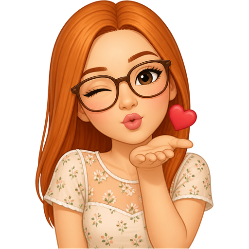 light skin woman with straight light red hair and glasses wearing a summer illusion top short sleeves blowing a kiss