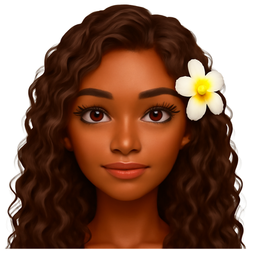 very tanned pretty girl with long brown curly hair and dark brown eyes, with long lashes, flower behind ear