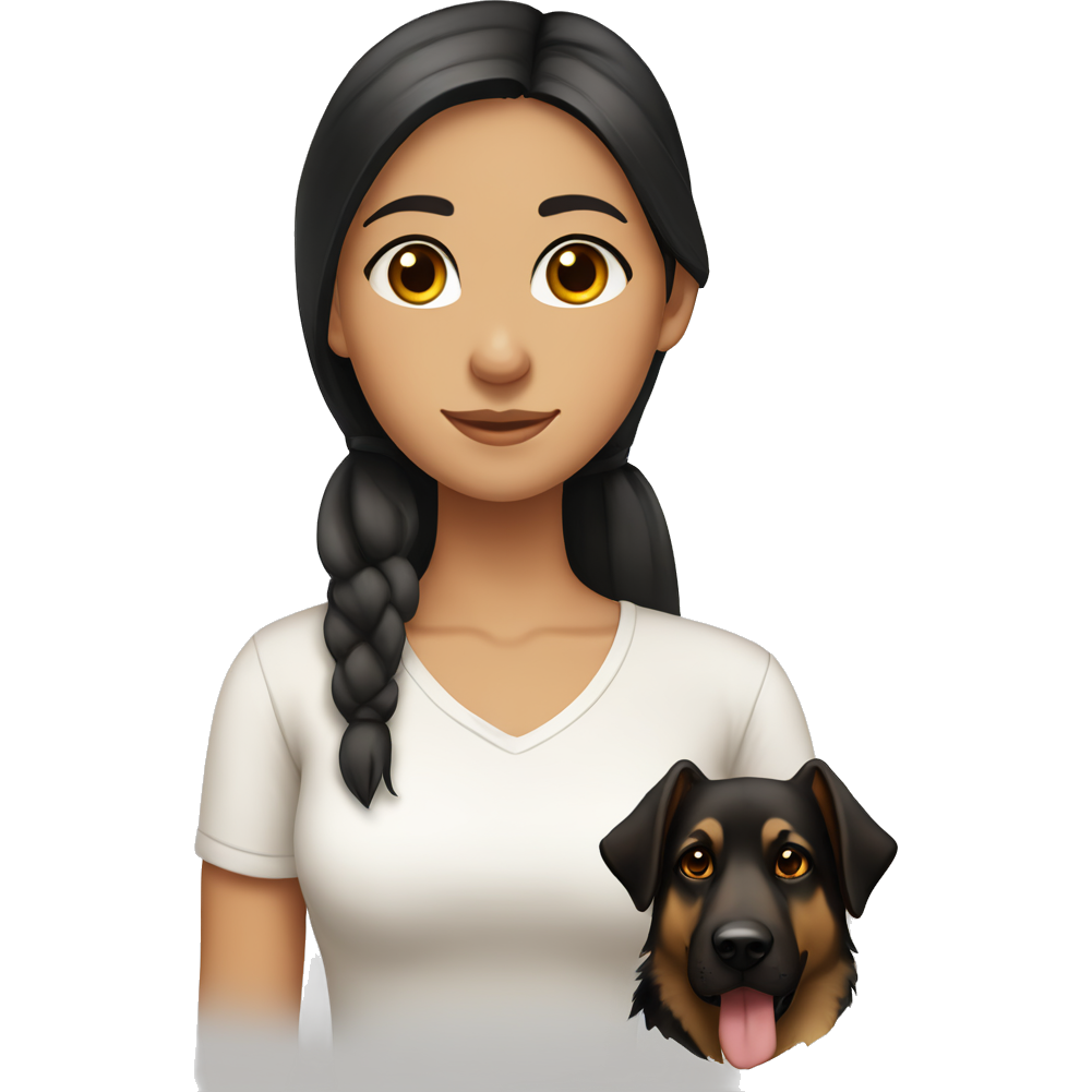 Girl a fair complexion with black Long straight hair,White short-sleeved top / brown eyes with a German Shepard dog