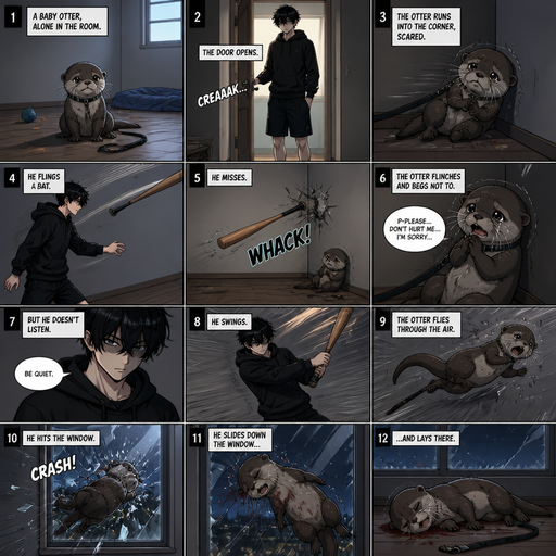 A comic book Picture by picture and shows every action of a A baby otter in a room alone on a leash and his male Cute and Handsome wearing a Black Hoodie and Shorts owner the owner opens the door and the otter runs into a corner scared. Then a bat is flung and he misses The otter flinches and begs not to but he doesn’t listen and the otter flys and hits the window and lays there
