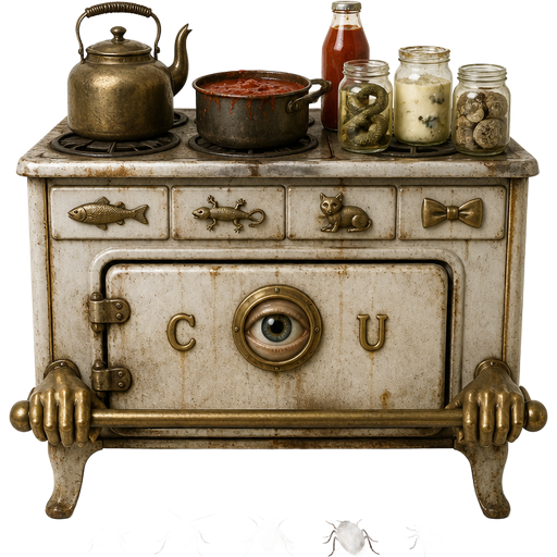 vintage oven with fish handle lizard handle cat handle bowtie handle with a door with brass eye brass c and brass u old kettle pot red sauce bottle snake in jar curdled milk jar of moldy cookies human brass hands holding hand rail 5 bugs in line