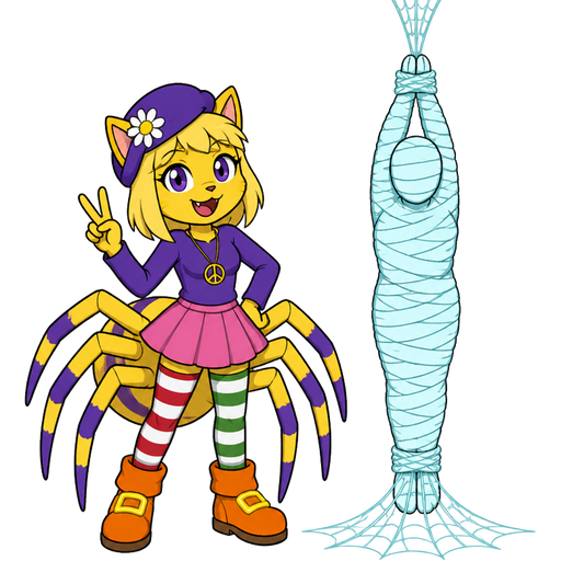 Yellow cat anthro with purple eyes blonde hair purple hat with white flower peace sign necklace purple long sleeved shirt pink skirt long red white green socks orange boots with yellow buckles drider hybrid next to #B8FFFF mummified completely covered human shaped cocoon completely covered hanging on the ceiling by wrists tied up with #B8FFFF spider webs and ankles tied up with #B8FFFF spider webs on the floor