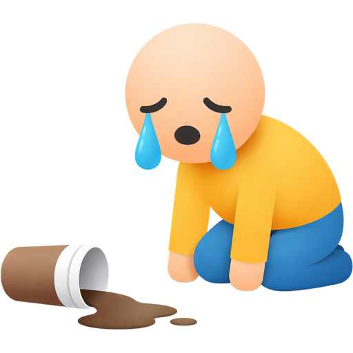 A bald guy on the ground, crying. There is a spilled cup of take-away coffee on the ground in-from of him.