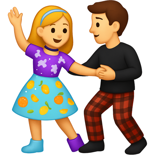Make me a girl who has blonde hair and she’s wearing a dress. The top part of the dress is purple with unicorns on it and the bottom half is light blue with lemons and oranges painted on it. She’s wearing a black choker and a silver headband. Instead of shoes she is wearing a light blue cup on one foot and a purple box on the other. She is dancing with a prince who is wearing black and red plaid pajama pants and a long sleeved black shirt.