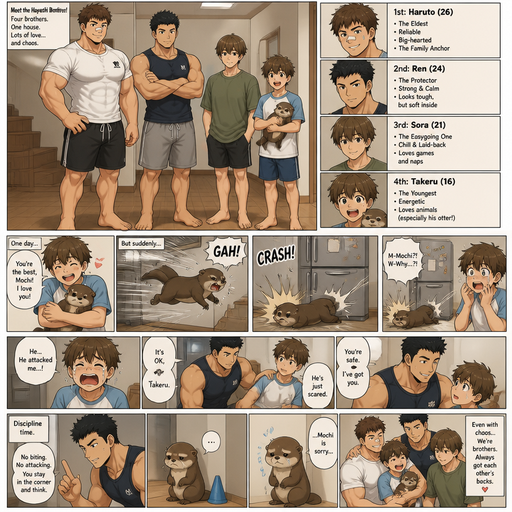 A Full Body Comic Book story view of a Bulky and hunky ANIME Cute Bara Man With Peach toned skin Who looks Normal and round facial Structure and Basic facial structure With Puffy and Big Pecs that are visible through the shirt and Biceps and Bandaid on his nose and Brown and Strait hair. Wearing a t-shirt and shorts. And the comic introduces each of his 3 brothers and the youngest has a pet otter and one day the otter betrayed the youngest but the second youngest protected him. And the otter flew at the fridge and layed there and youngest got scared and the s second youngest says it’s OK. and the otter gets disciplined