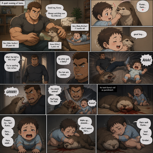 A DETAILED AND LIFELIKE LONG ANIME Comic Book story view of a Bulky but Muscular ANIME Cute Bara Man With Peach toned skin Who looks Normal aind round facial Structure and Basic facial structure With Puffy and Big Pecs that are visible through the shirt and Biceps and Bandaid on his nose and Brown short hair that makes them look tough. Wearing normal With his pet Grown and healthy realistic otter. And had a brother infant baby And the otter sticks up fr the baby but the baby knows he‘s not enough and then flies to the wall from him and lays there and the otter looses his tail In discipline for defending him. And the baby watches everyhting crying and trying to help but is to weak and the Brother hated them both the whole time and the otter didn’t wake up and the baby huged the otter and the baby can‘t speak the good English