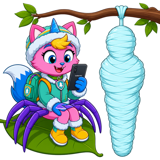 #B8FFFF sticky slik mummy-like-cocoon human entombed wrapped up and mummified fully covered in a #B8FFFF spider slik cocoon shaped like human with arms behind back with #B8FFFF spider slik wrappings completely covered with thick layers non-transparent #B8FFFF spider slik wrappings #B8FFFF hanging to branch next to happy pink cat anthro furry boy drider with yellow hair blue and white tail white wrists blue hands purple spider legs white socks yellow boots green collar blue unicorn horn based on unikitty wearing everest's hat and everest's clothing with everest's backpack sitting on leaf holding Samsung phone