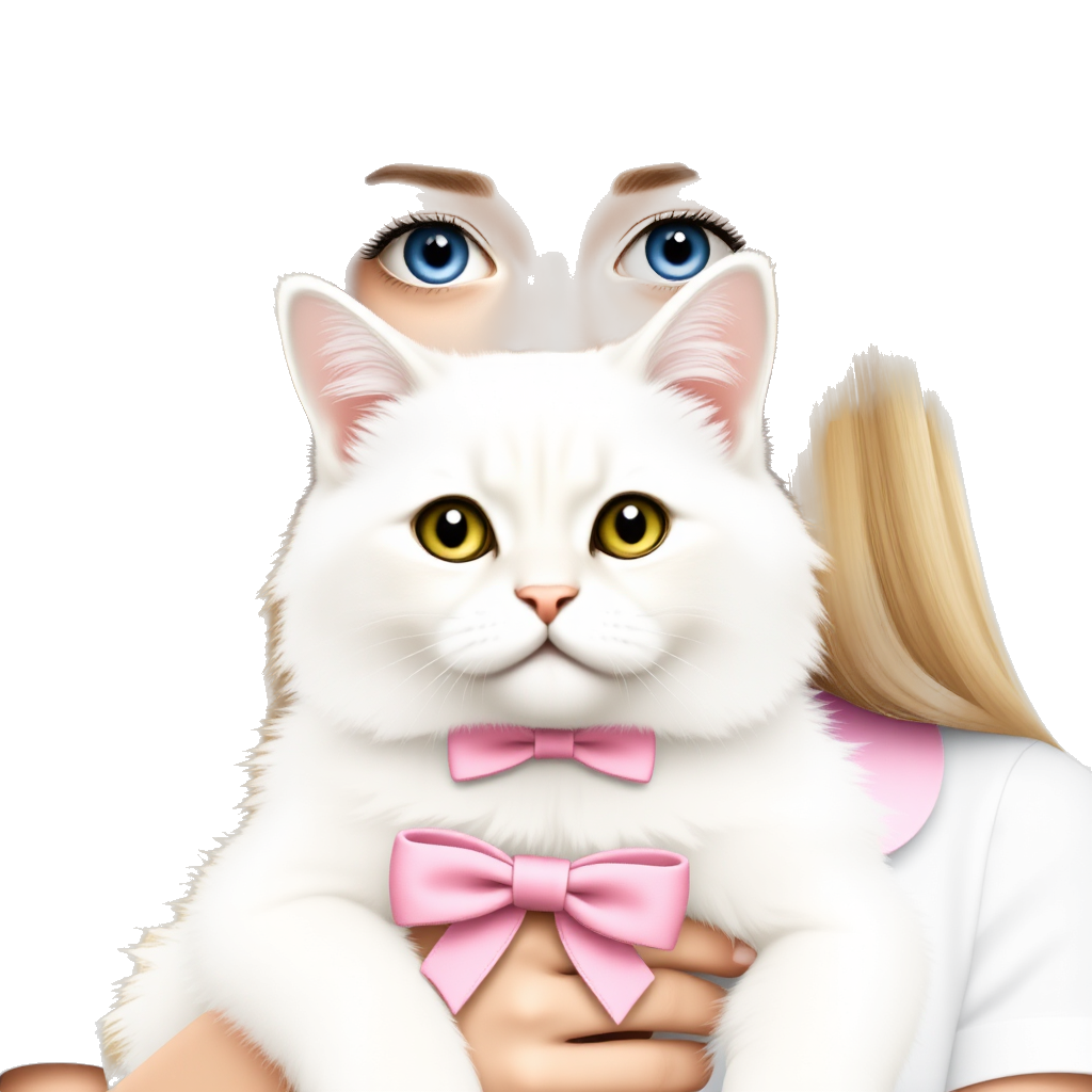 a women with long straight blonde hair and blue eyes wearing a cute outfit holding her white british shorthair with a pink bow on it neck
