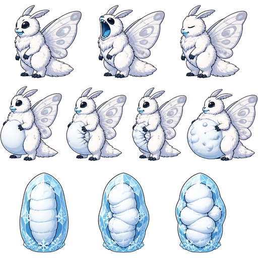 (1 giant snow moth furry idle side view) (2 giant snow moth furry side view with a blue mouth open wide side view)(3 giant snow moth furry side view with a blue mouth closed and eyes closed side view) (4 giant snow moth furry full belly mouth closed side view)(5 giant snow moth fat bulging inwards side view)(6 giant snow moth furry full belly bulging inwards squeezing inwards side view) (7 giant snow moth furry full belly squeezing outwards with bulges side view) (1 ice snow frozen cocoon)(2 ice snow frozen cocoon bulging with squeezing inwards) (3 ice snow frozen slikworm cocoon bulging tightly with squeezing inwards bulges tightly)games sprites (cute cartoon clipart style)