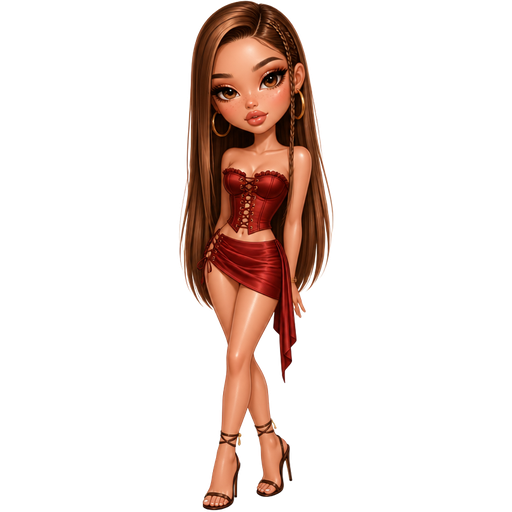 semi-realistic soft cartoon luxury glam, mini plush Bratz-doll aesthetic, cinematic glow, crisp clean detail, glossy glam skin. brown eyed Petite 5ft girl, fair skin with soft freckles, wide face with tall forehead, honey-brown almond wide-set upturned eyes, fluttery lashes, shimmer highlight, plush lips, bottom heavy lip, sweet Belle-princess vibe, long straight brunette hair with visible caramel highlights, wearing a crimson satin lace-up corset top with tiny eyelet threading, a matching asymmetrical micro mini skirt with draped ruching, gold hoop earrings, strappy heels, hair in sleek straight side-part hair with two tiny braids framing one side, makeup with a sharp smoked-wing liner, champagne shimmer lids, rosy mauve blush, warm bronzed skin, and a glossy pinky-nude lip