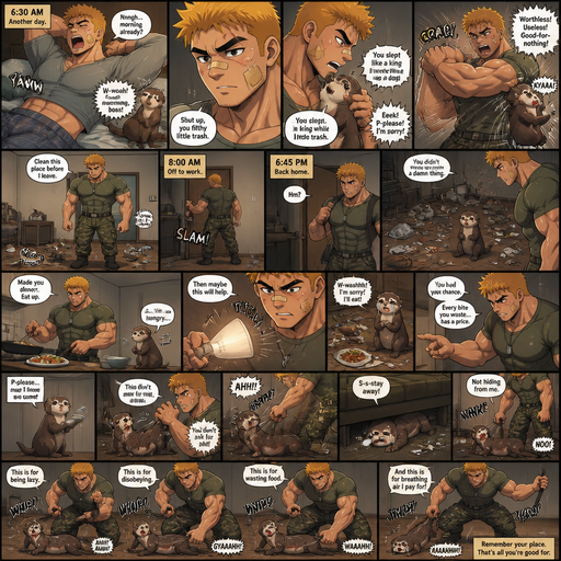 A very lifelike and Detailed Full page Anime Comic book story about of a Bulky ANIME Cute Bara Man American 20 year old with a ROUND and BASIC facial structure and Young Adult BARA CUTE that is Peach Toned skin not anything else MALE not to detailed With bigger than average Pecs that are visible through the shirt and Biceps and a big Bandaid on his nose and Left Cheek and Right Eye brow with Scars all over his Chest and arms. Wearing a Tight Military Green Top that is tight around the waist and Baggy Camo Cargo pants drenched in sweat and Short and yellowish orange Hair and Bright Gold Fluffy Hair and Strait with brown eyes and black eyebrows with a Three finger Slash on his Eyebrow. With no Facial Hair. Waking up in the morning in pajamas and his pet otter but Excessively bully’s it. And when he comes back from work he sees the otter right we’re he left him with trash around him and made a mess. He makes dinner and the Otter doesn’t even eat dinner and cries. And he Tips lamp over and Every food the otter doesn’t eat there are is discipline. and asks for some and the looses a tail and tries to run under the couch but stops him. And the otter Receives Discipline that.