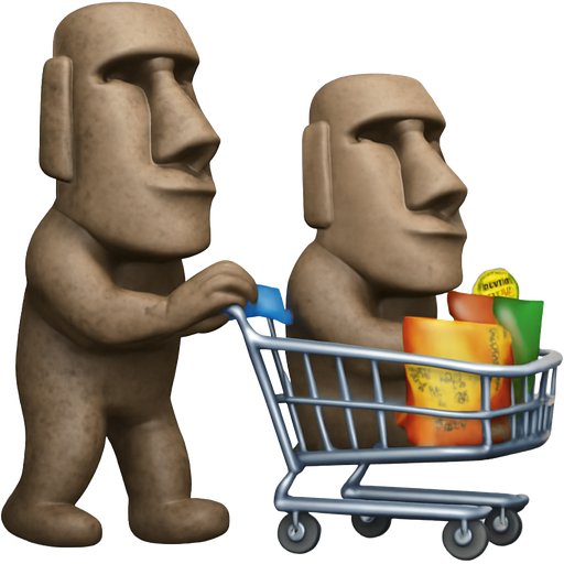 official Apple Moai stone statue emoji sitting in shopping cart with shopping bags, being pushed by another Moai stone statue emoji