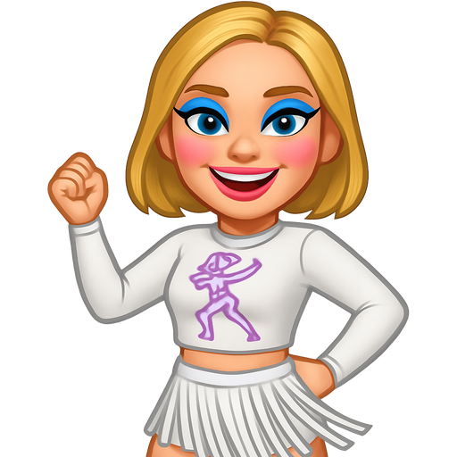Zara Larsson wears a Y2K-inspired stage ensemble featuring a white long-sleeved graphic crop top with a central purple illustration. She pairs it with matching white shorts and a long white fringed belt that adds movement. Bright blue eyeshadow and pink blush complete the playful, energetic look.