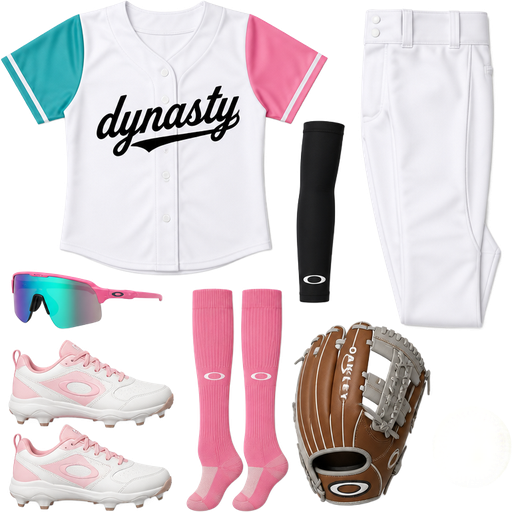 So it’s a softball jersey it’s all white on sleeve is teal and one is pink dynasty is written in black on it there are white softball pants pink softball socks a black arm sleeve pink teal Oakley glasses white and light pink cleats a brown and grey softball glove and a softball