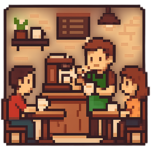 Pixel art of a small market café, barista making latte, customers sitting at tables, cozy atmosphere, white background, sticker style,