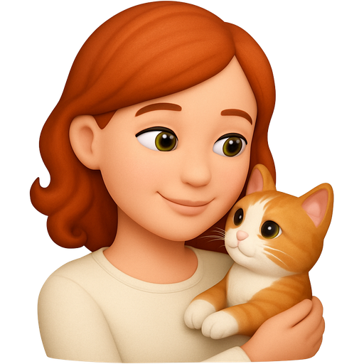 A red-haired girl with hazel-green brown eyes, medium-length hair that is twisted into curls at the ends looks at a red-and-white kitten in her arms and smiles at him. She's wearing a delicate shirt