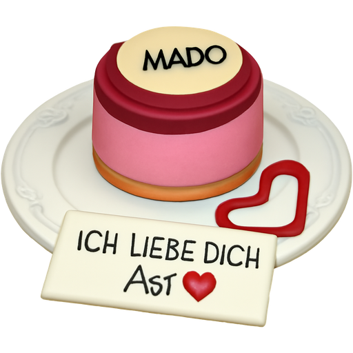 The cake in the image is a small, round dessert with a pink berry mousse filling. On top, there is a darker fruit layer (likely raspberry or strawberry) and a white chocolate plaque that says “MADO” – a well-known Turkish dessert brand. The cake is served on a decorative plate, with a handwritten note placed beside it that reads: “ICH LIEBE DICH Açi ❤️” – a sweet message in German meaning “I love you, Açi .” Red sauce, probably strawberry, is artistically arranged on the plate in the shape of a heart. Overall, it’s a very romantic and thoughtful dessert presentation.