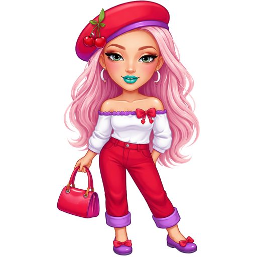 Crepe Suzette With a Fair-Light Neutral Beige Skin Tone and a Heart Shaped Lip Shape and a Lifted Eyelash Set up and a Matte Turquoise Lipstick With a Peach Eyeshadow and a Thin Eyebrow Shape and a Upturned Eye Shape With a Triangle Face Shape Wearing a Red Beret with the Brim being in Purple and a Cherry Clip on the Left side of the Hat with Pastel Pink Long Hair Wearing a White Off The Shoulder Tunic Top With the Brim being Purple With a Red Lace and a Cherry Clip Right Next to it Also Wearing Red Denim Pants and When it’s Rolled up at the bottom it’s Purple Wearing Purple Flats with a Red Bow on Top Carrying a Red Hand Purse With a Purple Handle With a Mature Adult Toned Build and Luxury Glossy