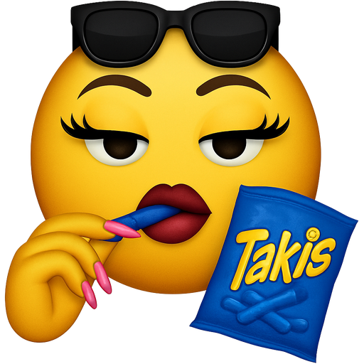 Emoji with long eyelashes, baddie, long, pink nails, eating blue Takis with the bag with sunglasses on top of the emoji’s head