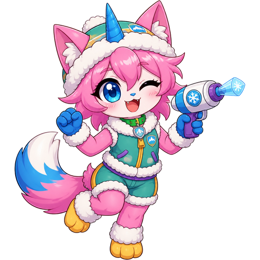 happy femboy anthro furry pink cat with blue and white tail white wrists blue hands white ankles yellow feet green collar blue unicorn horn based on unikitty wearing everest's hat and clothing holding a freeze ray gun