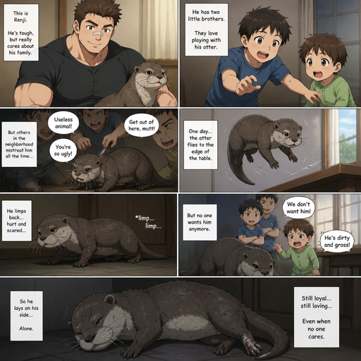 A DETAILED AND LIFELIKE ANIME Comic Book story view of a Bulky but Muscular ANIME Cute Bara Man With Peach toned skin Who looks Normal aind round facial Structure and Basic facial structure With Puffy and Big Pecs that are visible through the shirt and Biceps and Bandaid on his nose and Brown short hair that makes them look tough. Wearing normal With his pet Grown and healthy realistic otter who is Mistreated and 2 little brothers that are in different ages but young. Then the otter flys to the edge of the table. And limps back but is not wanted and lays on its side