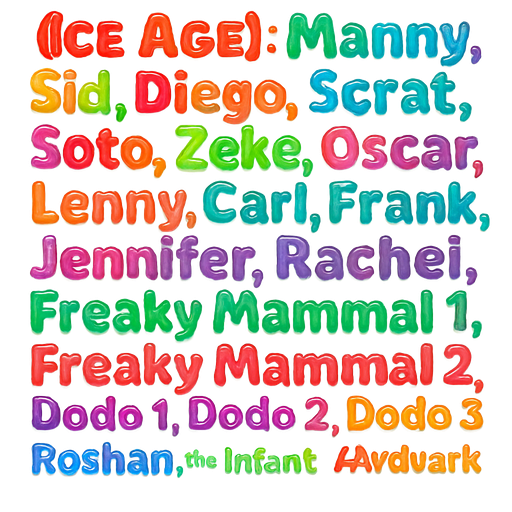 (Ice Age): Manny, Sid, Diego, Scrat, Soto, Zeke, Oscar, Lenny, Carl, Frank, Jennifer, Rachel, Freaky Mammal 1, Freaky Mammal 2, Dodo 1, Dodo 2, Dodo 3, Dodo 4, Dodo 5, Glypto 1 Glypto 2, Aardvark, Start 1, Start 2, Roshan, the Infant