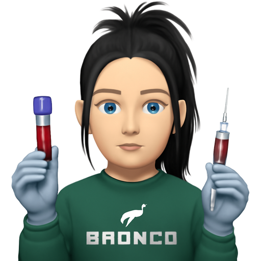 A woman with white skin, thin high arched eyebrows, with a nose ring, long black hair pulled straight back into a messy top ponytail, wearing light gray latex gloves, wearing a green ford bronco sweatshirt, very pale blue eyes, holding a purple top tube of blood and a string half full of blood