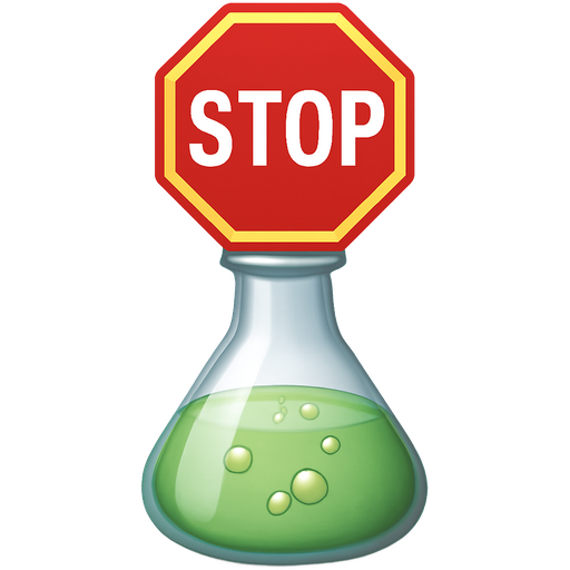 Chemistry flask filled halfway with a light green liquid and a few bubbles inside with a stop sign on top of the flask