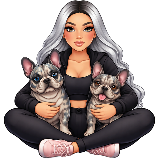 A thick baddie woman with icy hair parted dark in the middle and grey colored almond shaped and many freckles across her nose sitting in the middle of a yoga pose in black workout clothes open black sweater black tshirt and light pink sneakers hugging a grey blue spotted merle french bulldog with one eye blue and one brown eye and another smaller gray merle french bulldog with brown eyes and tongue sticking out not smiling