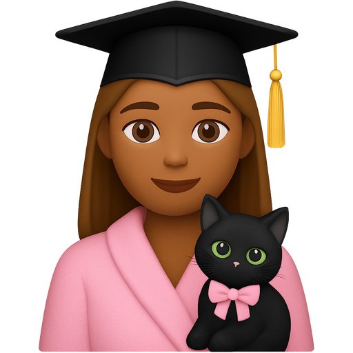 female graduate . She has very tanned skin, straight light brown hair, very light brown eyes and is wearing a pink bathrobe and a graduation cap. the kitten is small, black with green eyes and has a pink bow.