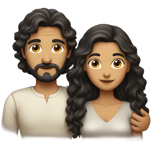 Modern Greek couple embracing and the woman has dark long wavy hair, and the man has dark thick hair and little facial hair.