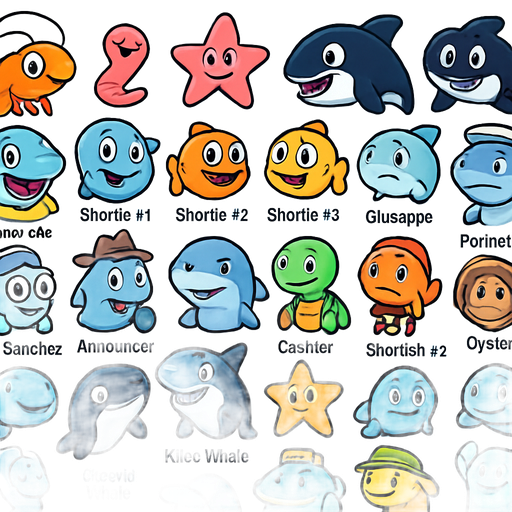 (Shark Tale): Shrimp, Wormn, Starfish #1, and Killer Whale #2, Crazy Joe, Shortie #1, Shortie #2, Shortie #3, Guiseppe, Great White #1, Pontrelli, Mrs. Sanchez, Announcer, Great White #2, Hamme head, Great White #3, Great White #5, Messenger Fish, Tip Fish #2, Prawn Shop Owner, Motown Turtle, Tip Fish #1, Great White #4, Whale, and Killer Whale #1, Cashier, Starfish #2, Starfish #3, Oyster, and Clown Whale, Whale Wash, Co-Worker, Taxi Fish
