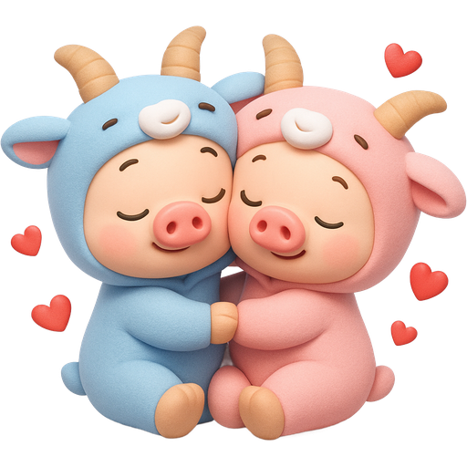 cute pig wearing blue goat onesie eyes closed and pink girl pig wearing pink goat onesie cuddling w hearts around